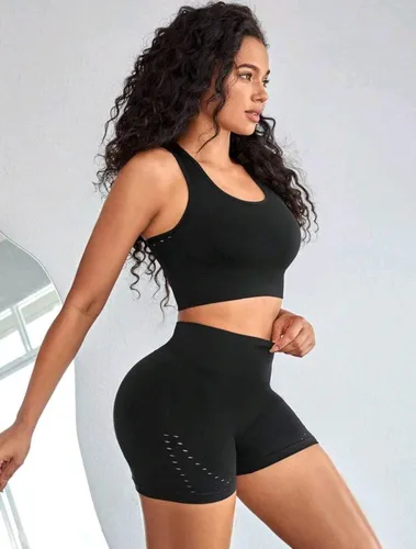 Conjunto Deportivo Biker + Crop Top Push Up Negro - Ref 5165