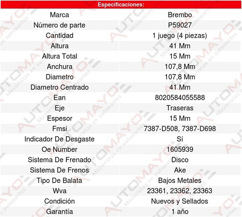 Set-4 Balatas Traseras Oldsmobile Alero 3.4l V6 99 A 04