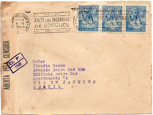 Argentina 1944. Sobre Censurado A Rio De Janeiro, Brasil