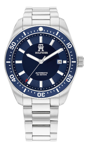 Reloj Tommy Hilfiger Th85 Para Caballero 1710591 Correa Plateado Bisel Plateado Fondo Azul