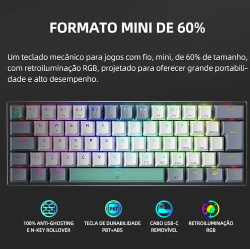 Teclado mecánico para jugadores K500-B61, 60% Abnt2 Rgb, rojo, portugués brasileño