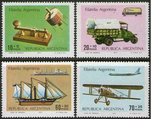 Argentina Serie X 4 Sellos Mint Sobretasa Con Motivo De Filatelia Argentina: Telégrafo, Camión, Barco Y Avión Año 1977 