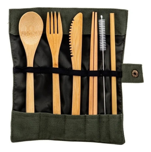 . Set Cubiertos De Bambu Con Estuche 7pz Ecologico Reutiliza