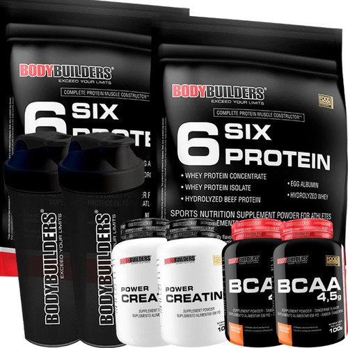 Kit 2x Whey Protein 900g + 2x Bcaa + 2x Creatina + Shaker Sabor Morango