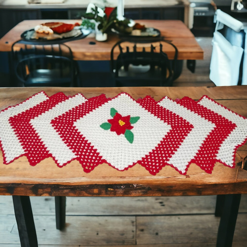 Camino De Mesa Tejido A Mano Navidad Noche Buena Color Blanco Granny Square