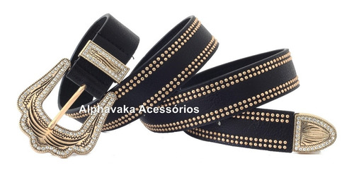 Imagem 2 de 3 de Cinto Feminino Country Preto Fivela Dourada Com Strass