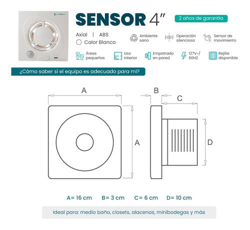 Imagen 4 de 6 de Extractor De Aire Con Sensor 4 Pulgadas Blanco Masterfan