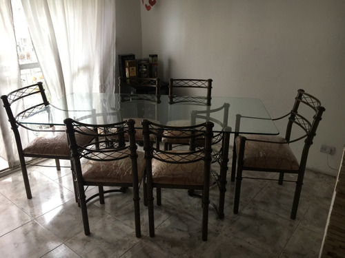 Imagen 4 de 4 de Mesa 180x90 Con 4 Sillas Y 2 Sillones Hierro Forjado Cristal