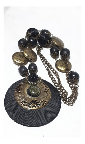 Boho Collar Negro Tela Y Bronce 46 Cm C/seguro Style Gypsy 