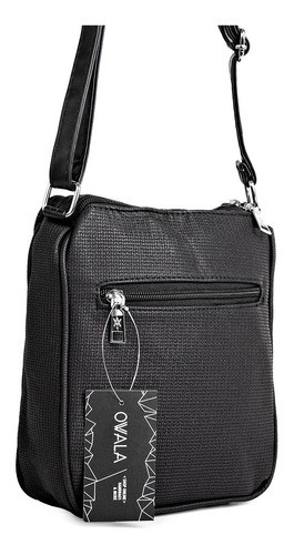 Imagen 4 de 6 de Cartera Mujer Bandolera Simil Cuero Amayra Negra Bolsillos
