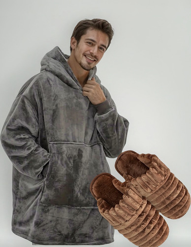 Bata De Levantarse Hombre Pijama Polar Hombre + Pantuflas