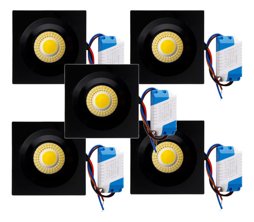 05pçs Mini Spot Direcionável Led Cob 3w Preto Dimmerizavél