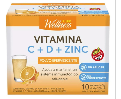 Suplemento Pure Wellness Vitaminas C + D + Zinc X 10 Sobres Sabor Naranja
