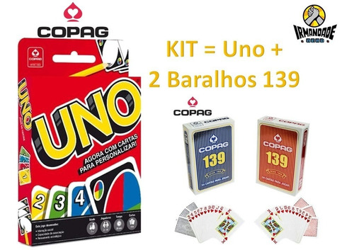 Kit Jogo De Cartas Uno + 2 Baralhos 139 Naipe Tradicional