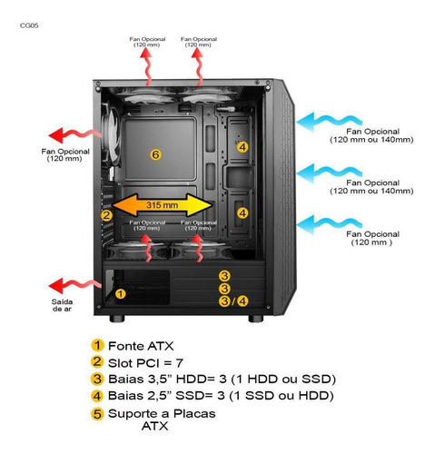 Gabinete Gamer Pixxo Cg05 S/ Coolers Atx S/ Fonte