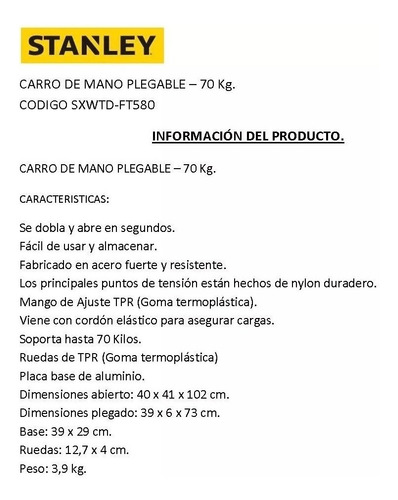 Imagen 4 de 8 de Carro De Mano Plegable Stanley Ft580 Zorra Hasta 70 Kg
