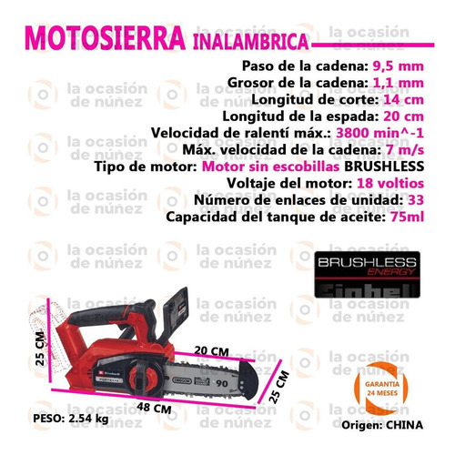 Imagen 2 de 7 de Motosierra Inalambrica Einhell Fortexxa Brushless A Bateria