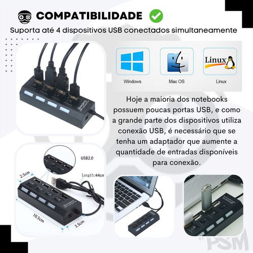 Régua Usb 2.0 Extensão Hub Switch Led Abre 4 Portas Divisor