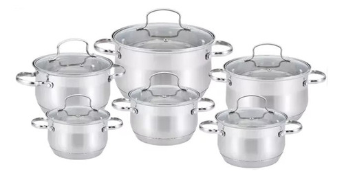 Juego Batería Cocina 12 Piezas En Acero Inox Y Tapa Vidrio