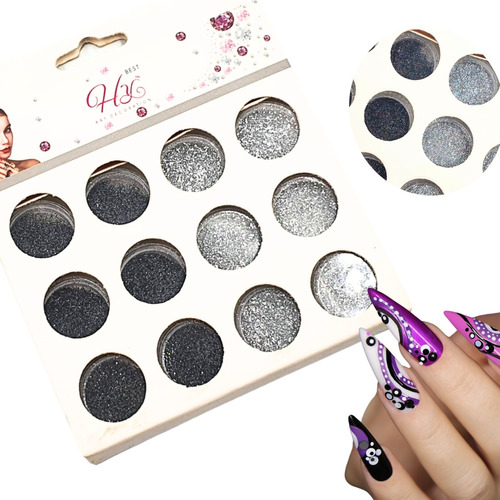 Glitter Givre Negro Plata X 12 Toneles Uñas Manicuria Lfme