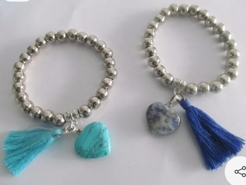 5 Pulseras Elastizadas Con Dije De Piedra Corazon Y Fleco