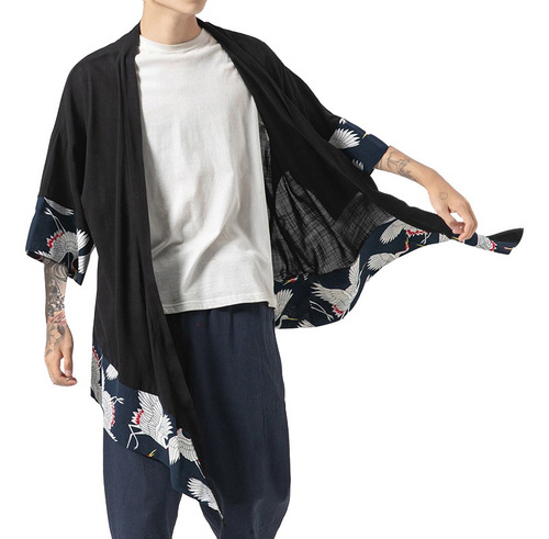 Hombres Japonés Camisa Kimono Algodón Lino Yukata Chamarra