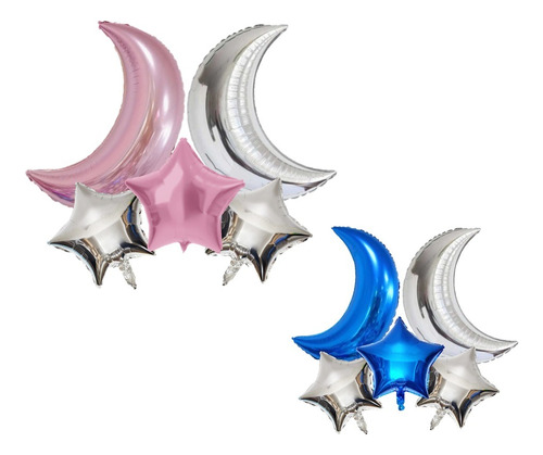 Set Globos Metálico Luna Estrella Cotillón Activarte Color Rosado Luna y Estrella