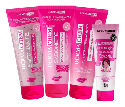 Dermachem rosa mosqueta kit skincare limpeza pele seca peel off argila 4 itens