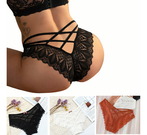 Paquete 3 Panty Bikini Señoras Tanga Cordón De Encaje Sexy