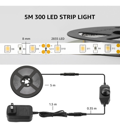 Tira De Luces Led Lepro, 5 M, Regulable, 6000 K, 300 Led, 28
