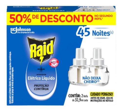 Refil Repelente Elétrico Raid 45 Noites 2unid 32,9ml Cada