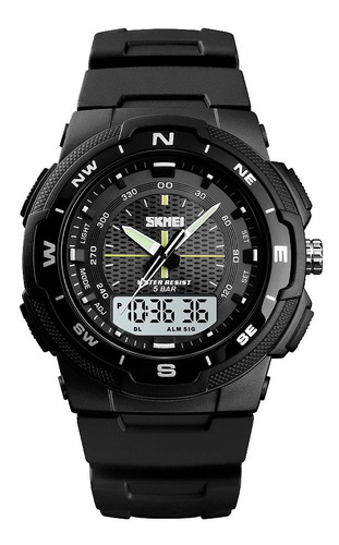Relógio de pulso Skmei Digital 1454 de corpo preto, analógico-digital, para homens, com pulseira de poliuretano preta e branca e fivela simples