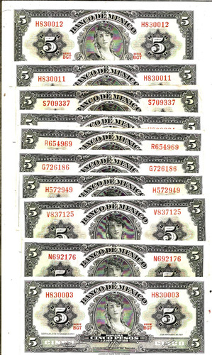 Billetes Antiguos De 5 Pesos Gitana Unc. Lote De 10