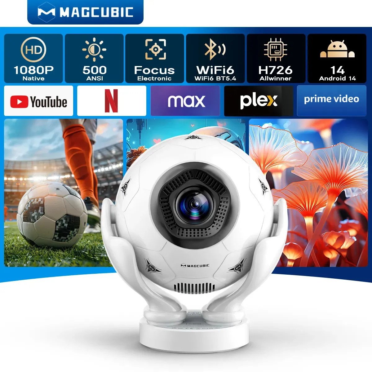 Mini Projetor Portátil Magcubic Hy320f Nativo 1080p 8k Smart Android14 500 Ansi Wifi6 Bt5.4, Projetor Para Cinema em Casa Compatível com Tv Stick e Espelhamento do Celular, com Controle Remoto por Voz