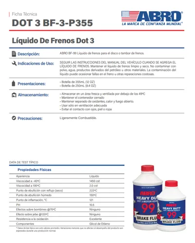 Liquido De Frenos Heavy Duty Dot 3 Marca Abro- 485 Ml