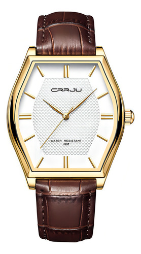 Relógios De Quartzo Masculinos De Couro Simples Crrju Cor Da Correia Marrom/dourado