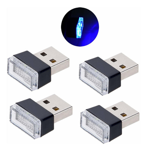 Febrytold 4pcs Azul Usb Car Ambiente Lampara Mini Led