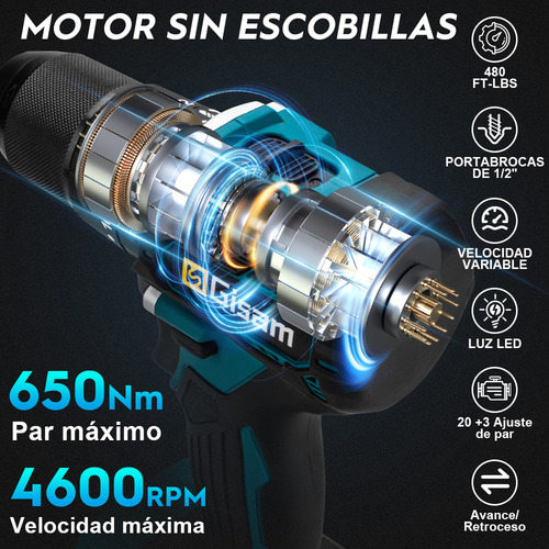 Taladro Percutor Atornillador Inalámbrico Mandril de 1/2'' con Asa Auxiliar 2Ah Gisam S3725 Color Azul