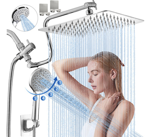 Regadera Cuadrada & Ducha Hand Hand Hand 5 Modes 25* 25 cm With 2 Free Hanchos
