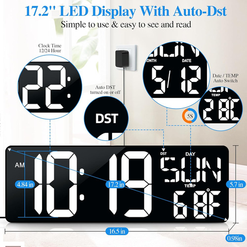 Reloj De Pared Digital Grande Control Remoto 17.2 Led ...