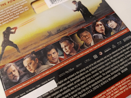 Star Wars The Last Jedi Blu Ray + Digital Code