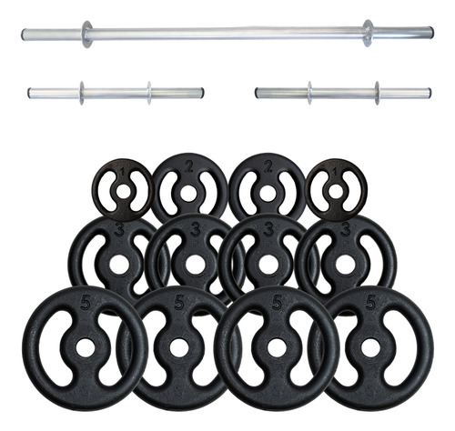 Kit Anilhas 38kg + 2 Barras 40cm + 1 Barra 120cm