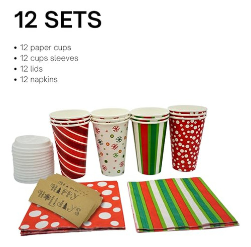 Tazas De Papel Desechables De Navidad De 16 Oz Con Tapas De