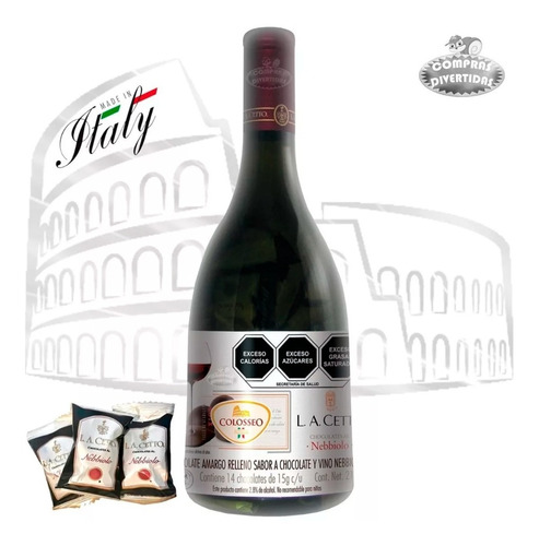 Colosseo Botella 14 Pz Chocolate Amargo Relleno Vino 210 Gr.