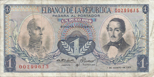 Colombia Billete Reposición 1 Peso 7 Agosto 1973