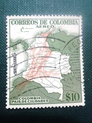 Estampilla Correos De Colombia Aéreo País De Ciudades $ 10