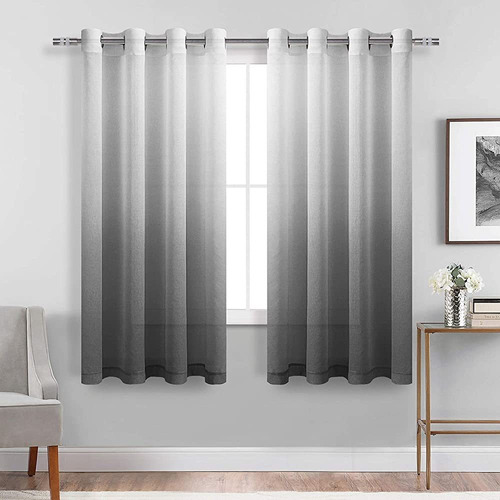 ~? Dwcn Faux Linen Grey Ombre Sheer Curtains - Gradient Semi