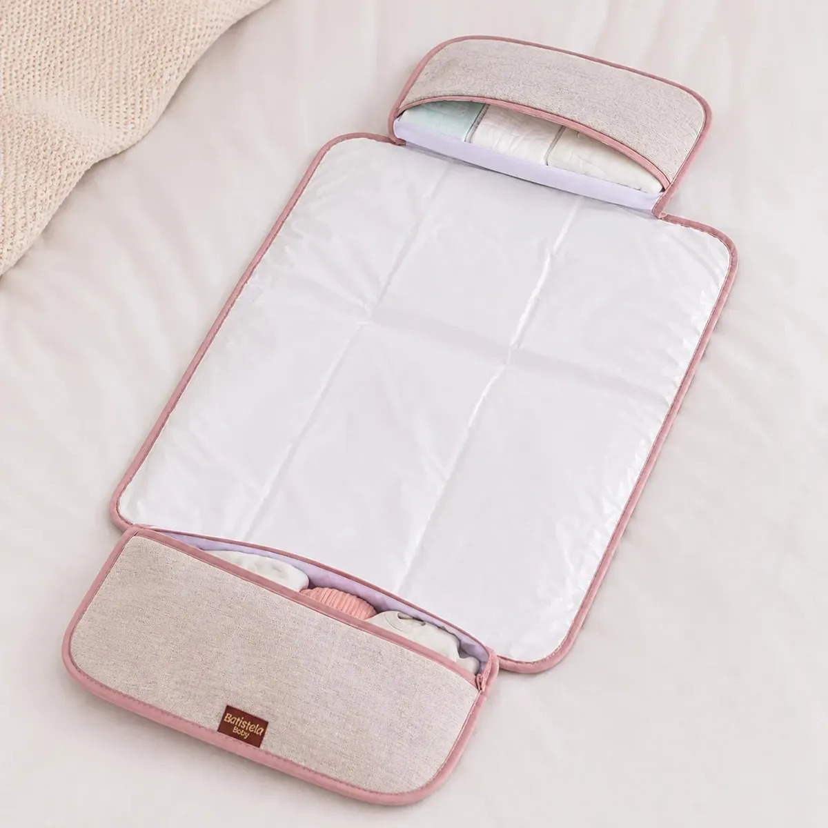 Trocador Portátil Linho Rose Forro Impermeável C/ Bolsos Cor Rosa