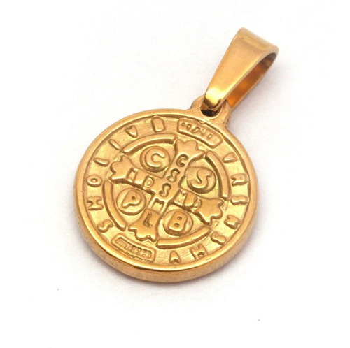 Dije Medalla San Benito 13 Mm De Acero Dorado 18k