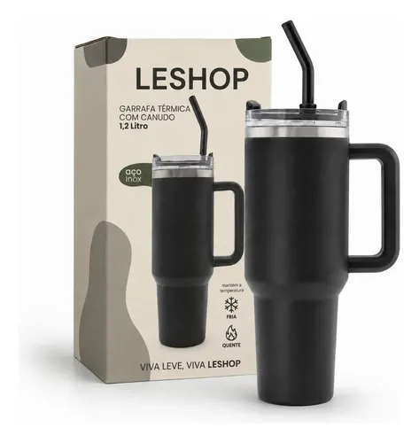 Copo Térmico 1,2l Inoxidável Tampa Canudo Inox Rosa - Leshop Preto Liso